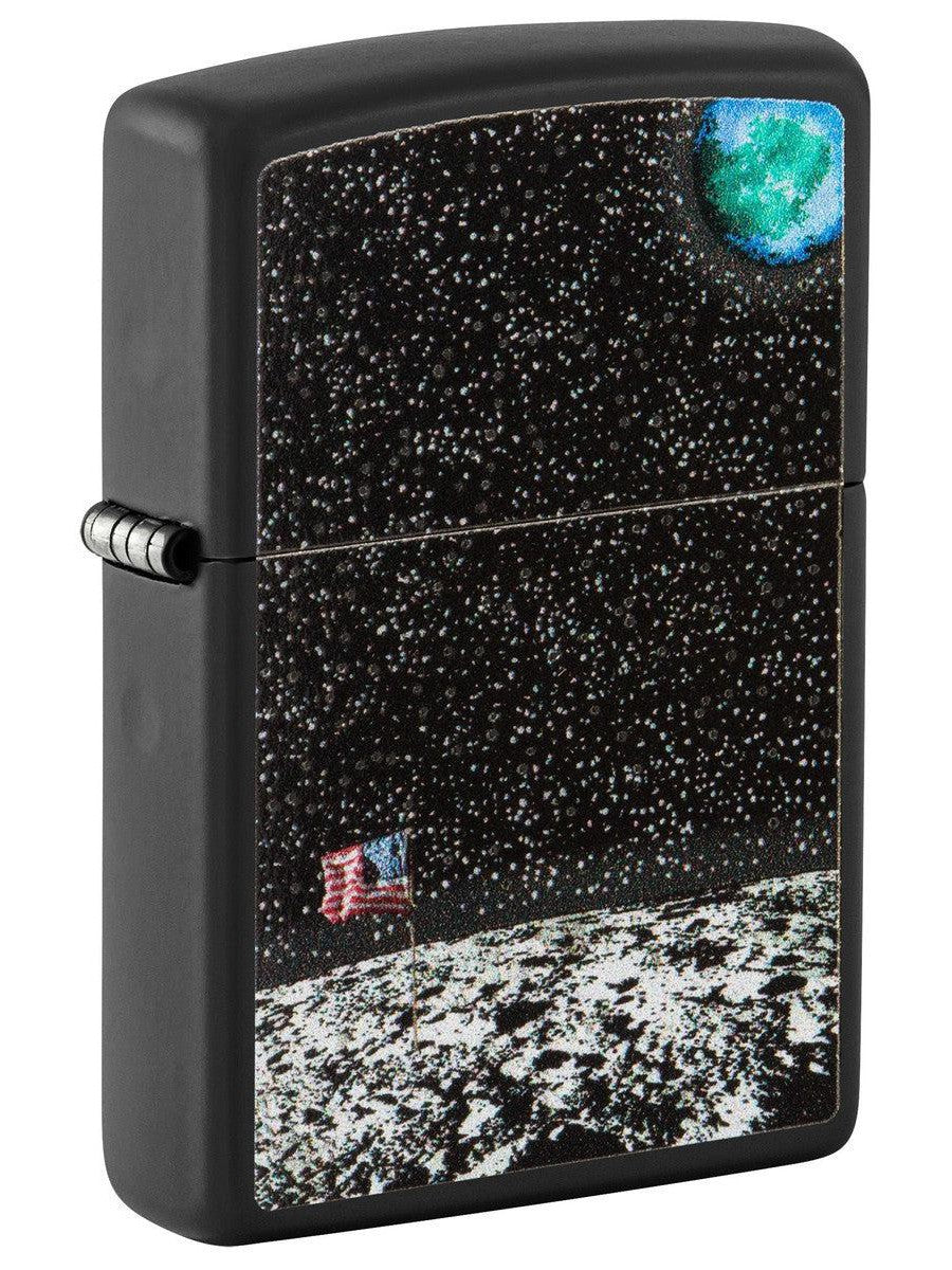 Zippo Lighter: Moon Design with American Flag - Black Matte 81466