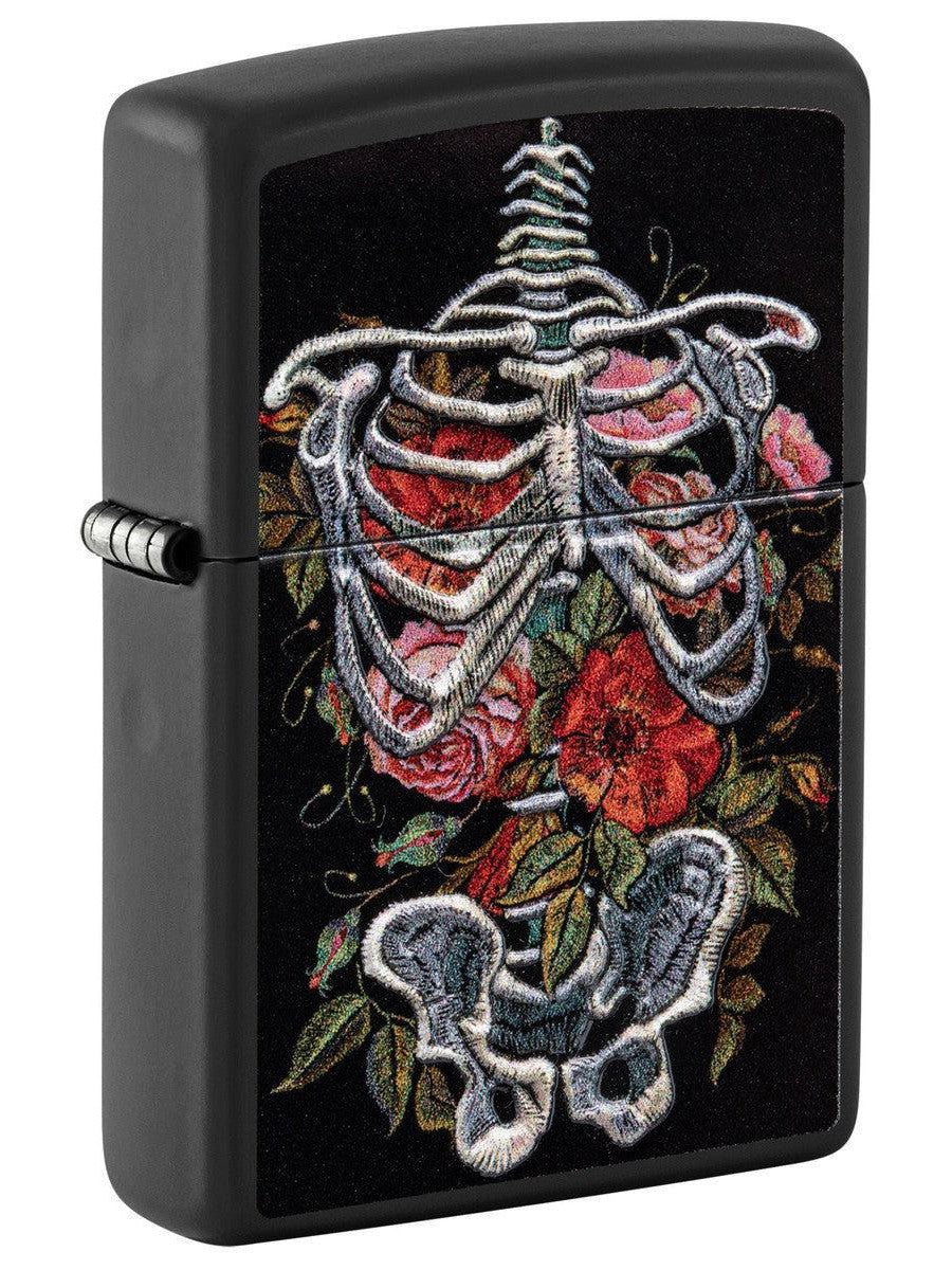 Zippo Lighter: Skeleton and Flowers, Texture Print - Black Matte 81474