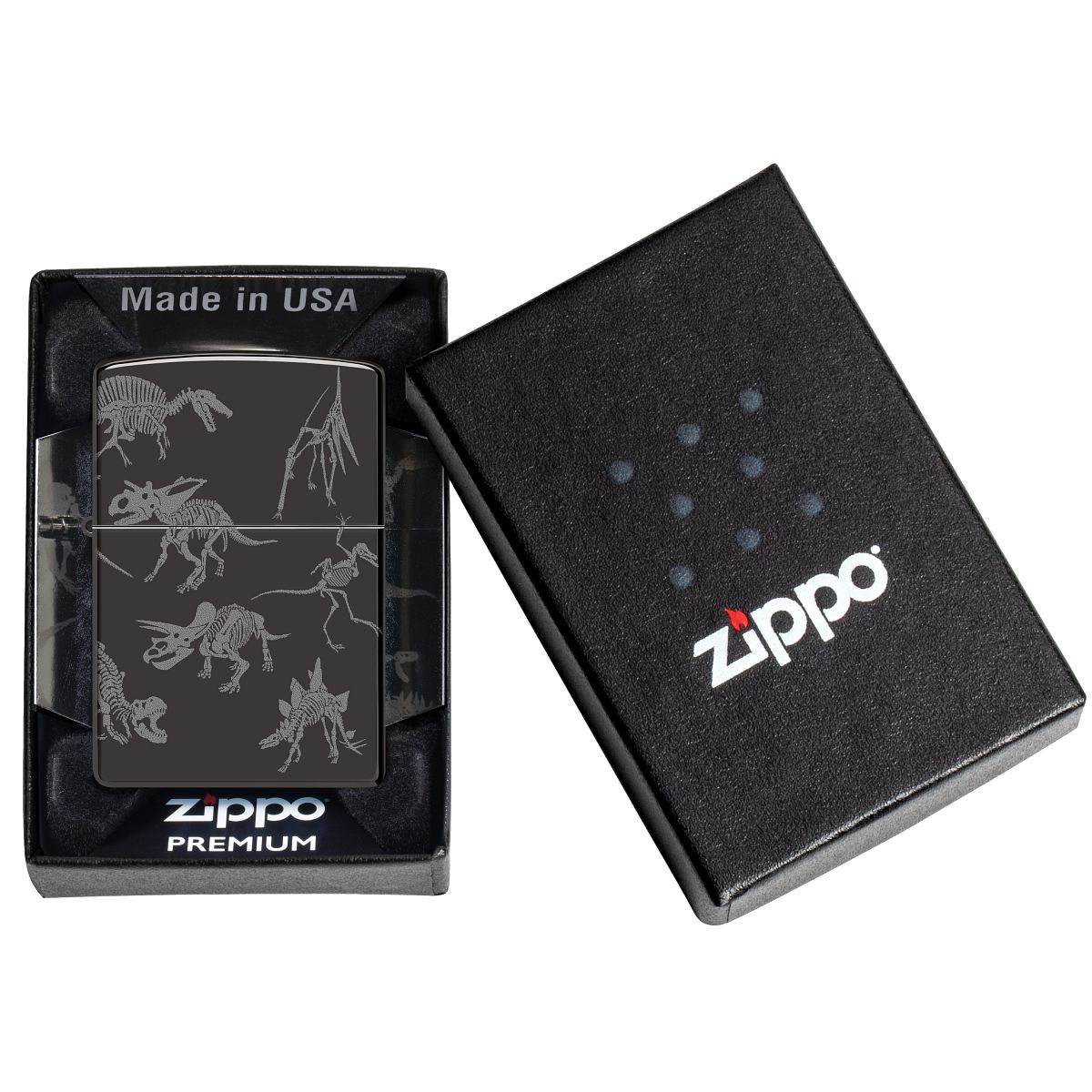 Zippo Lighter: Dinosaur Skeletons, Photo 360 - High Polish Black 