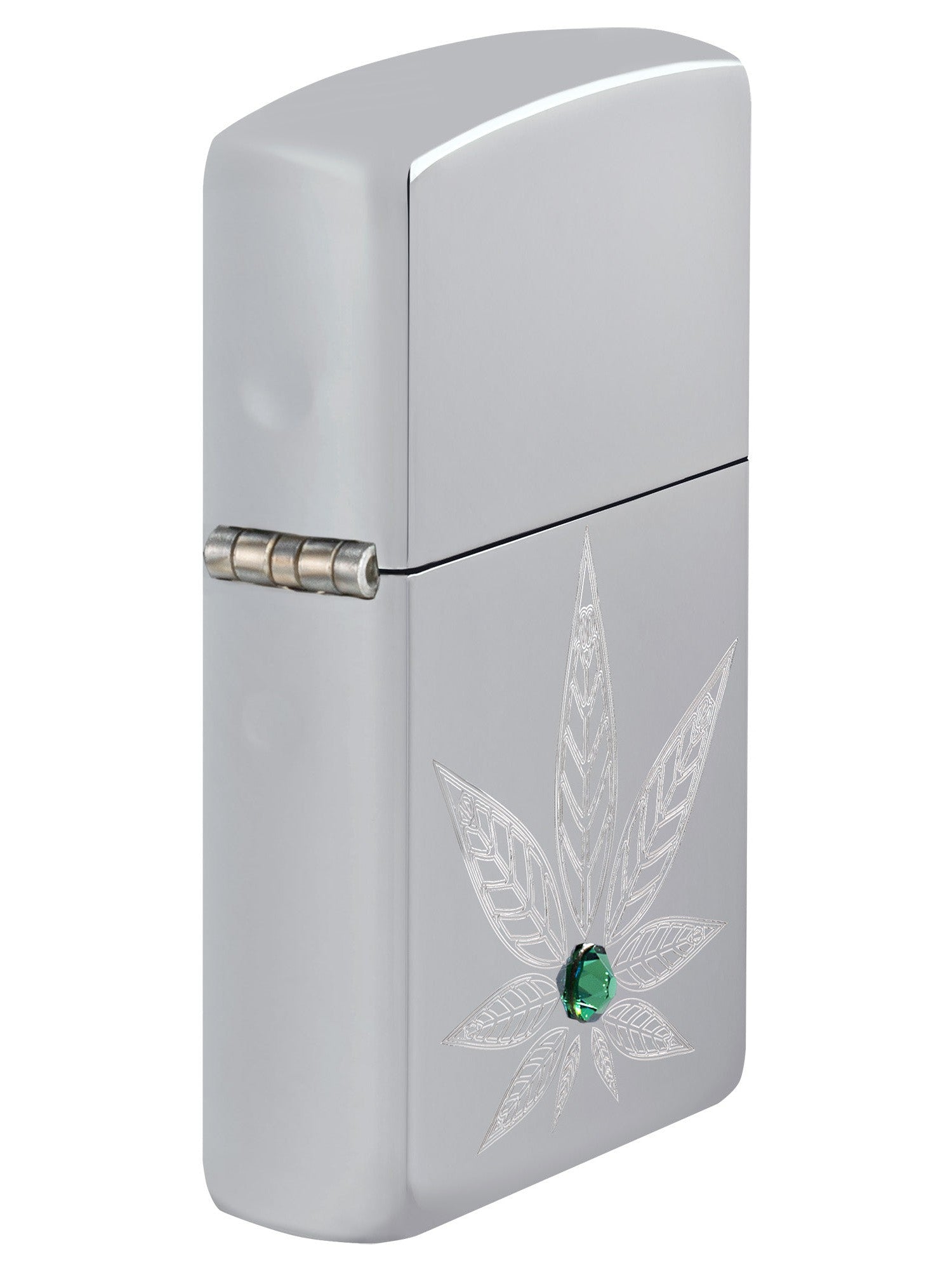 Zippo Lighter: Engraved Weed Leaf with Crystal - High Polish Chrome 46126