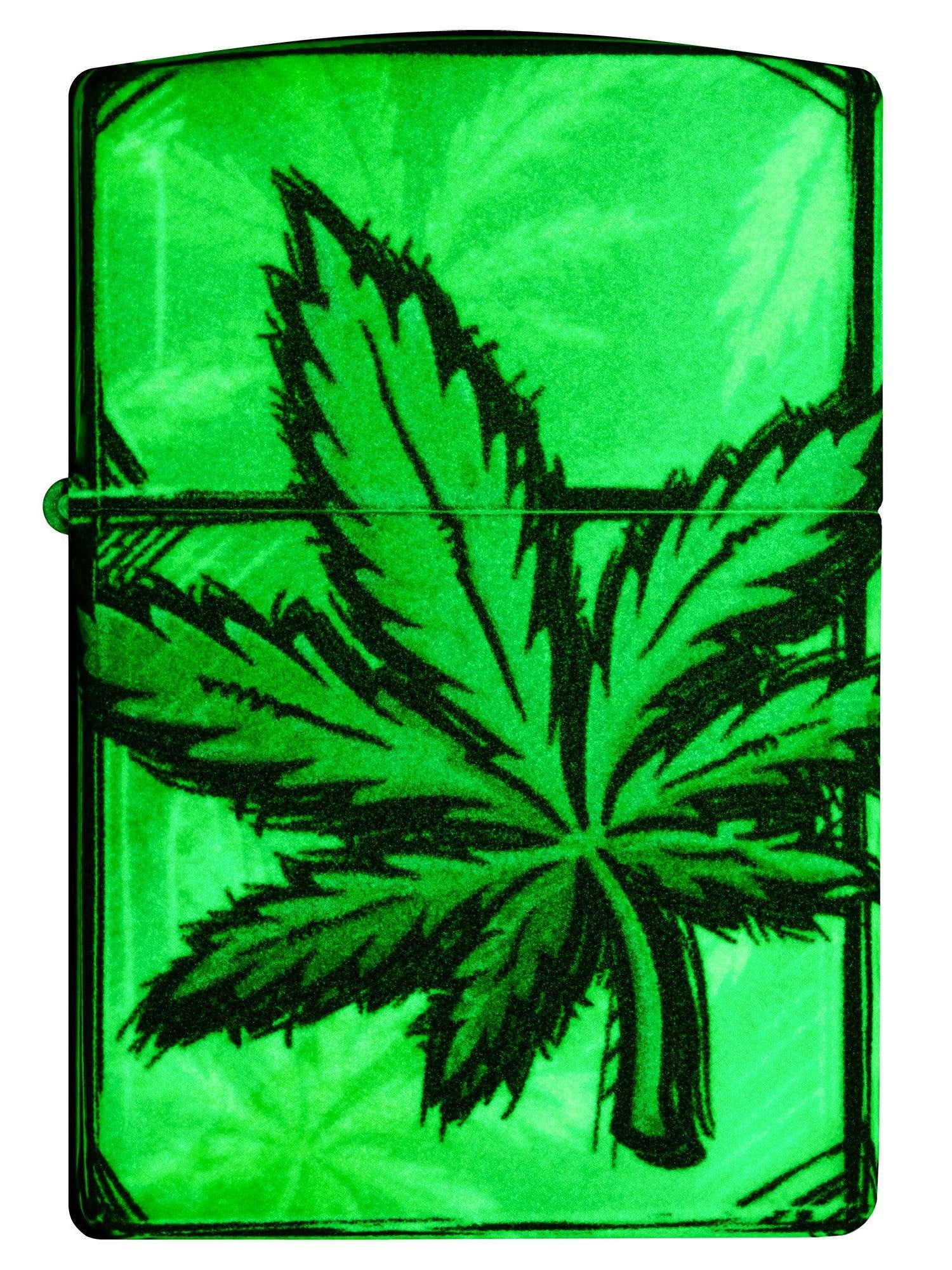 Zippo Lighter: Weed Leaves Design, 540 Color - Glow-in-the-Dark Green 46253