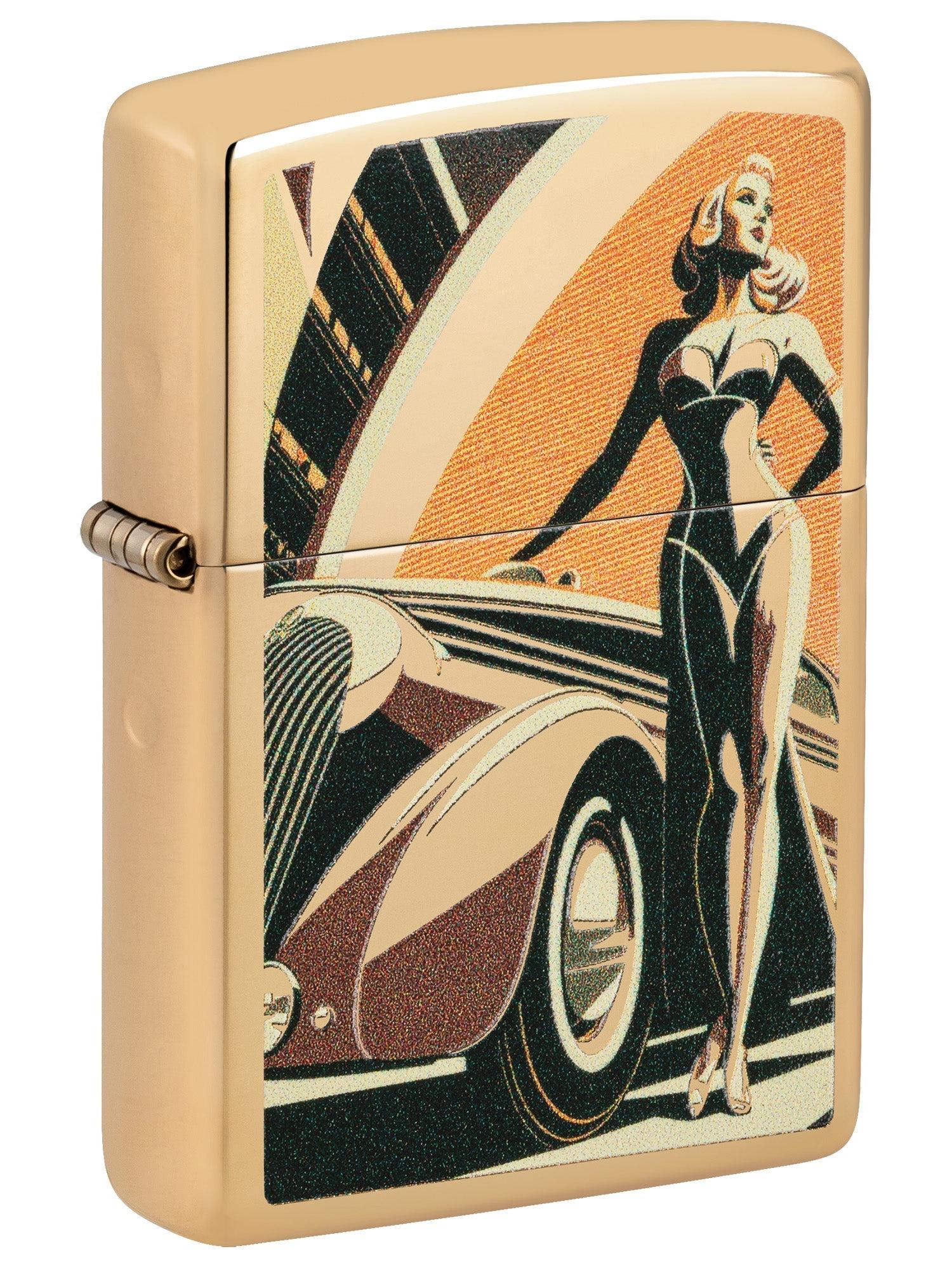 Zippo Lighter: Retro Car and Pin-up Girl - High Polish Brass 46348