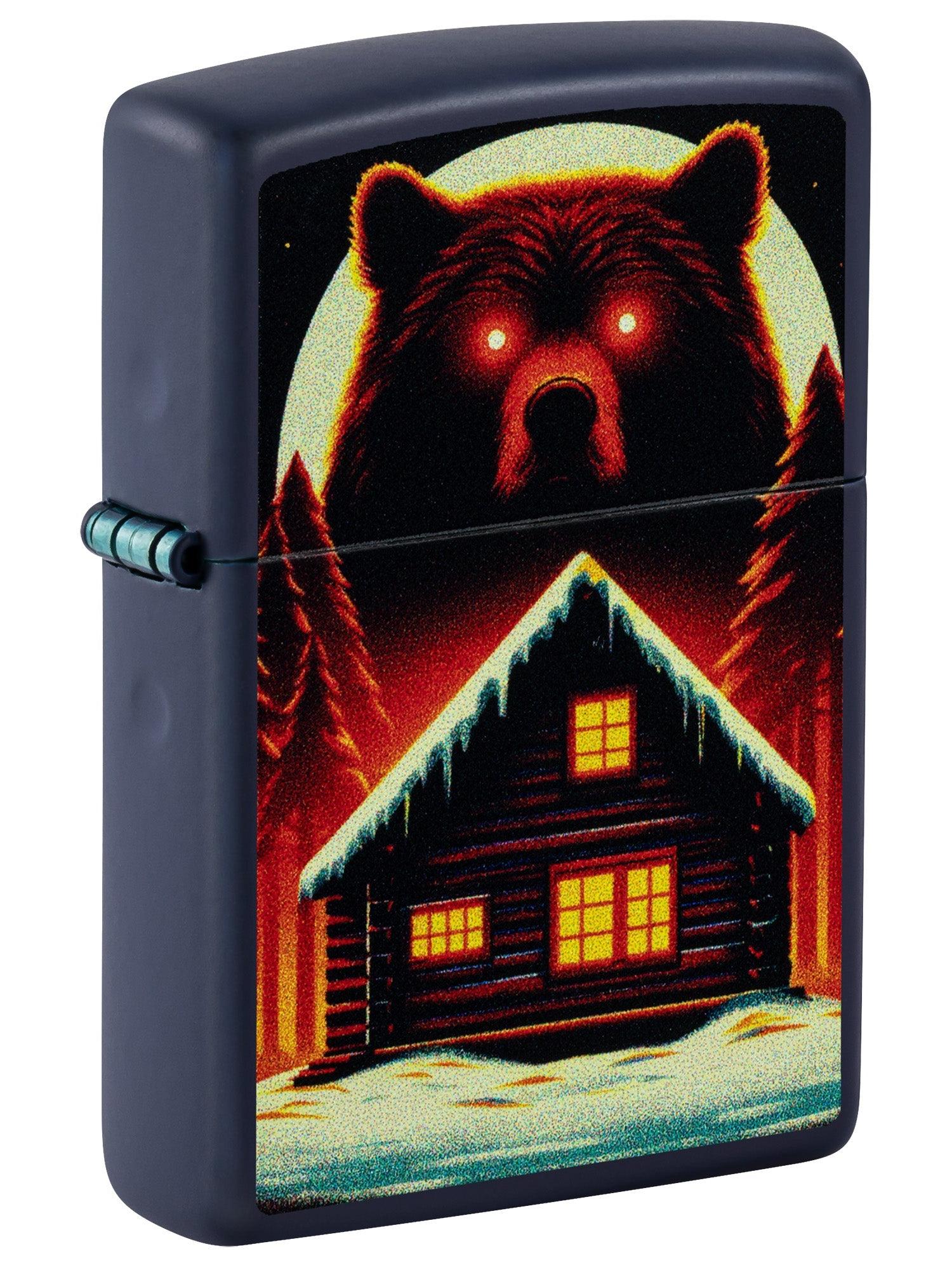 Zippo Lighter: Bear and Cabin in Winter - Navy Matte 46613