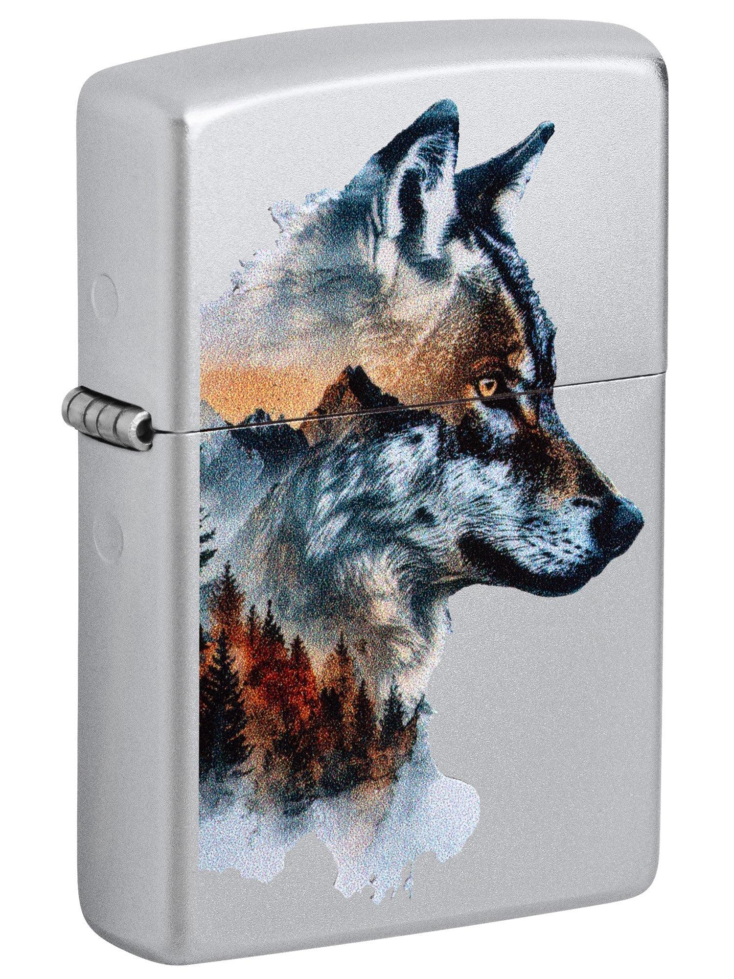Zippo Lighter: Wolf with Mountains - Satin Chrome 46870