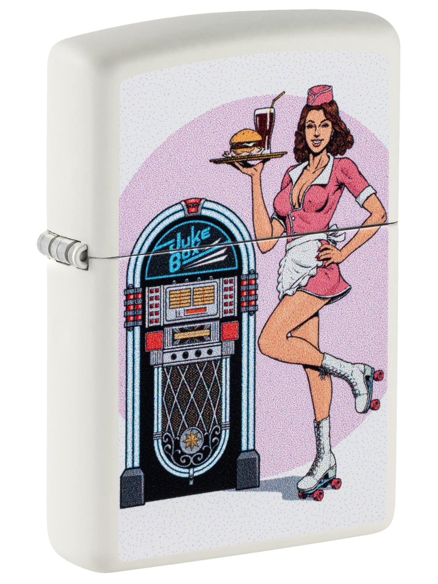 Zippo Lighter: Pin-up Waitress with Roller Skates - White Matte 46902