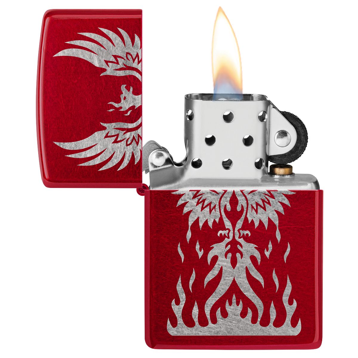 Zippo Lighter: Phoenix Rising Design, Engraved - Candy Apple Red