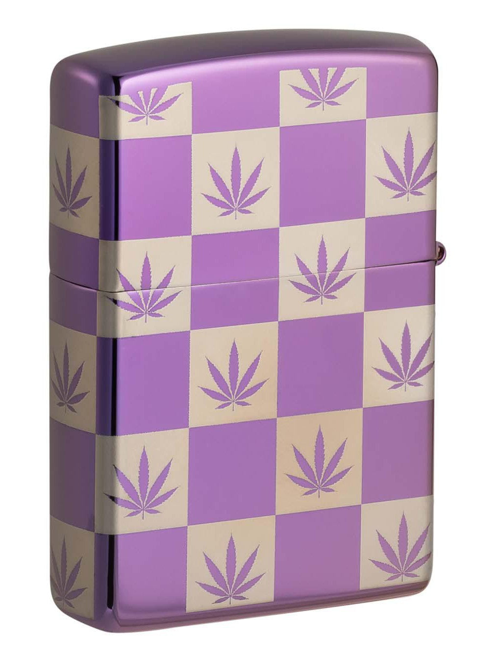 Zippo Lighter: Checkered Weed Leaves, 360 Laser Engraved - High Polish Purple 48546