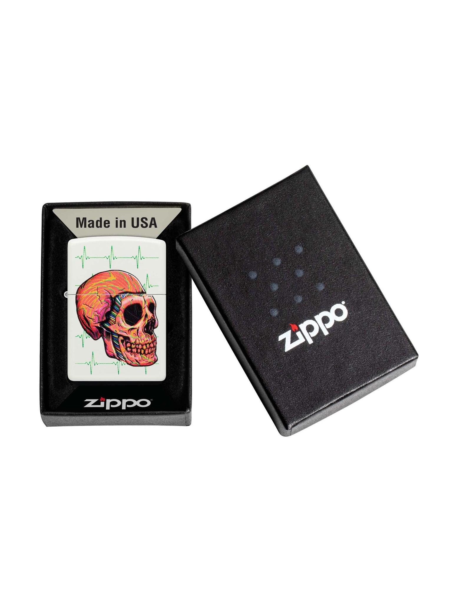 Zippo Lighter: Skull with Heart Rhythms - White Matte 48659