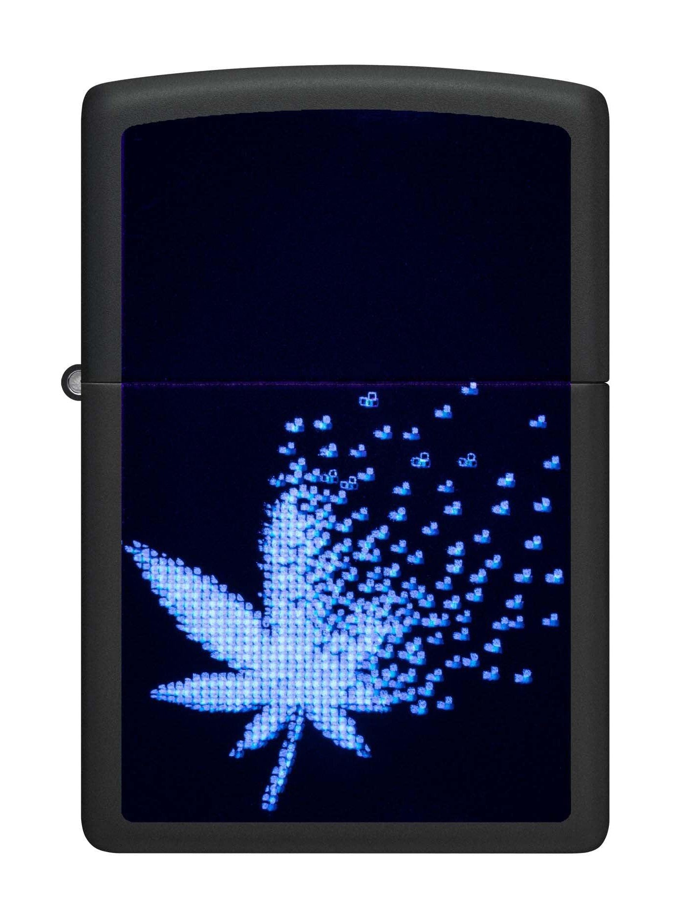 Zippo Lighter: Pixel Weed Leaf, Black Light - Black Matte 48677