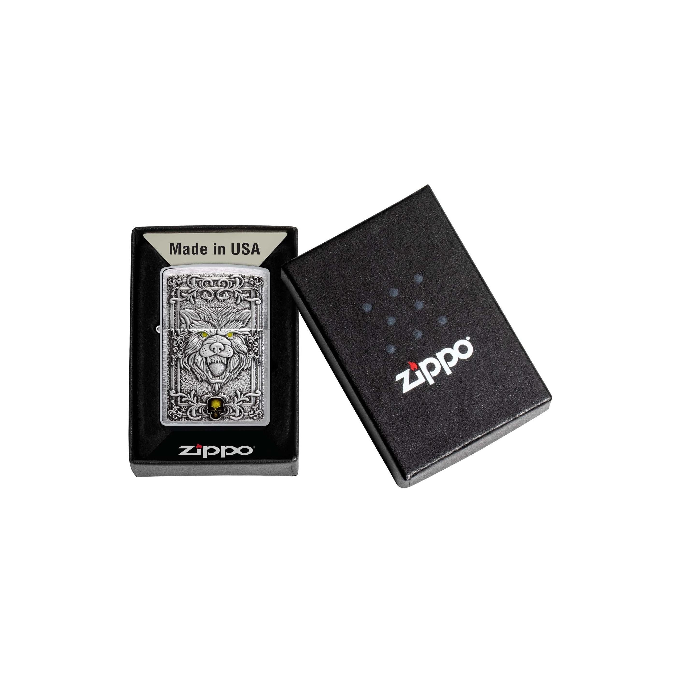Zippo Lighter: Fierce Wolf Emblem - Brushed Chrome 48690 – Lucas