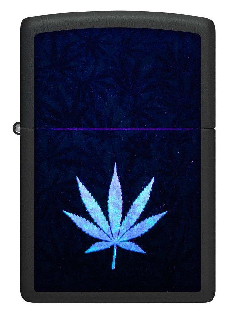 Zippo Lighter: Weed Leaf Pattern, Black Light - Black Matte 48736