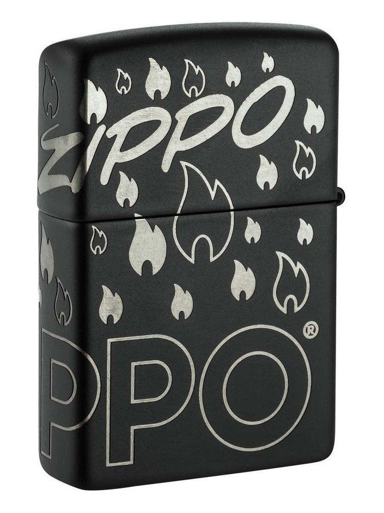 Zippo Lighter: Zippo Logo and Flames, Laser 360 - Black Matte 48908