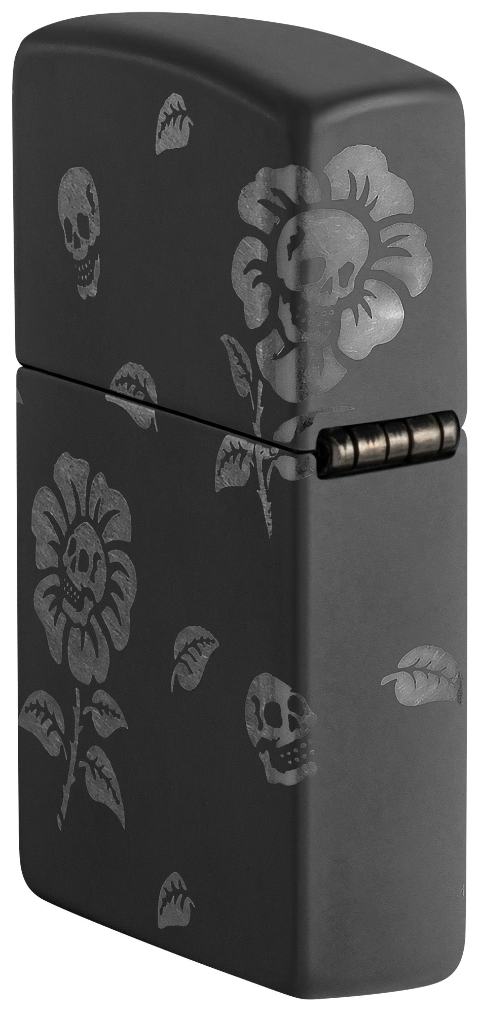 Zippo Lighter: Skull Flowers, Laser Engraved 360 - Black Matte with Chrome 48931