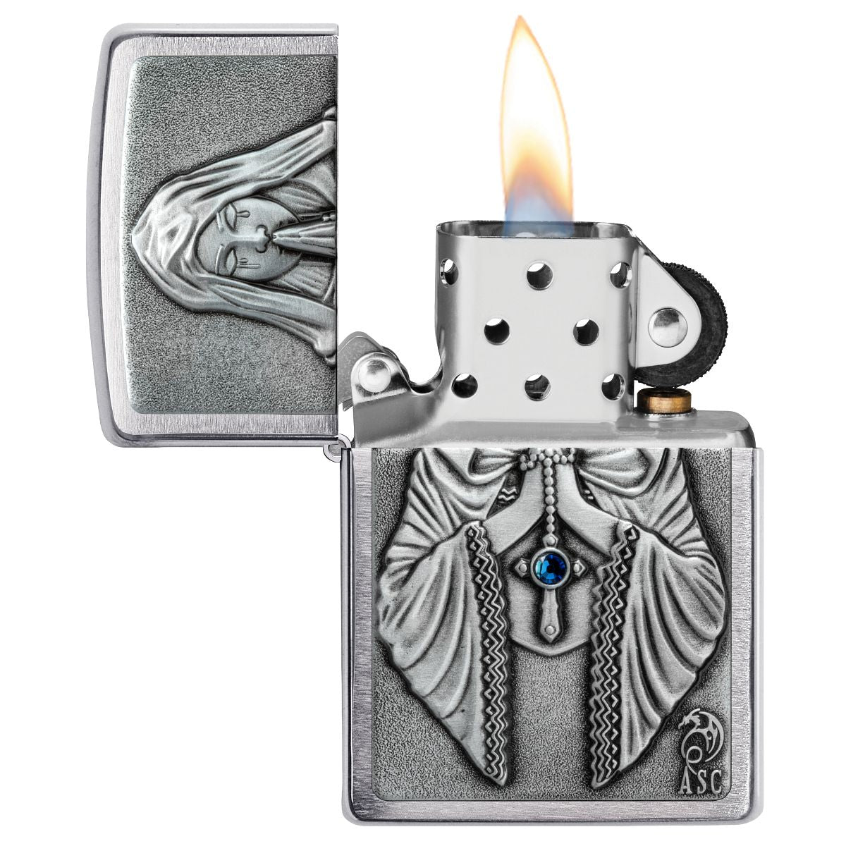 Zippo Lighter: Anne Stokes, Praying Woman Emblem - Brushed Chrome