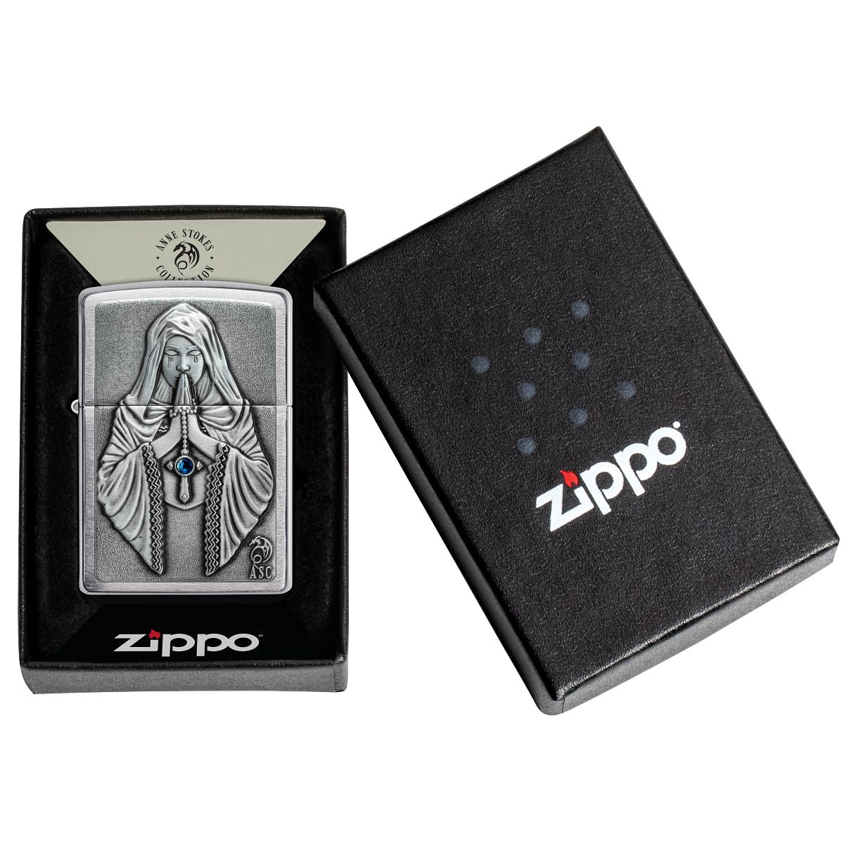 Zippo Lighter: Anne Stokes, Praying Woman Emblem - Brushed Chrome