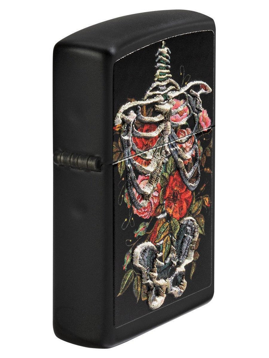Zippo Lighter: Skeleton and Flowers, Texture Print - Black Matte 81474