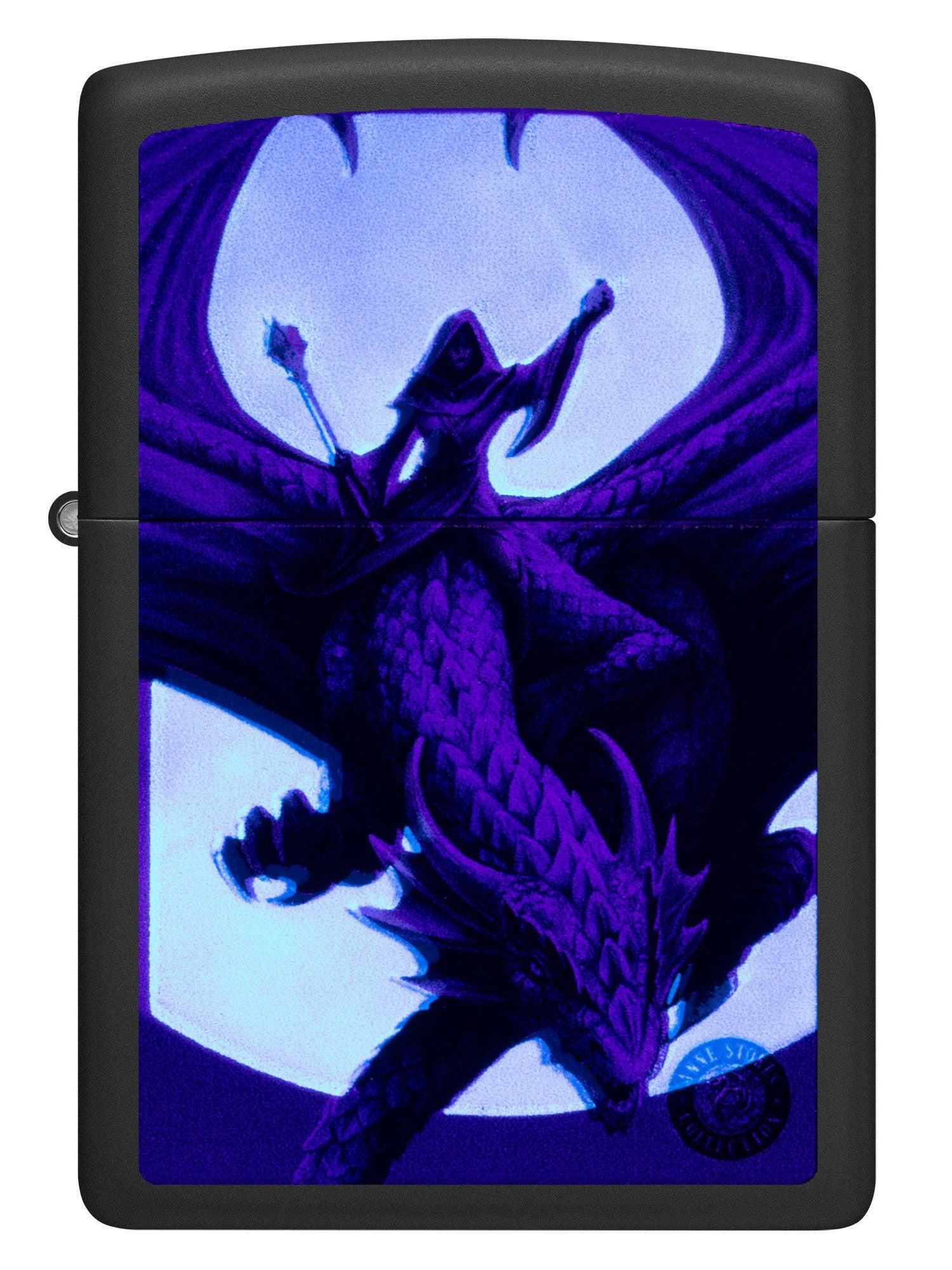 Zippo Lighter: Anne Stokes Lady Riding Dragon, Blacklight - Black Matte 81498