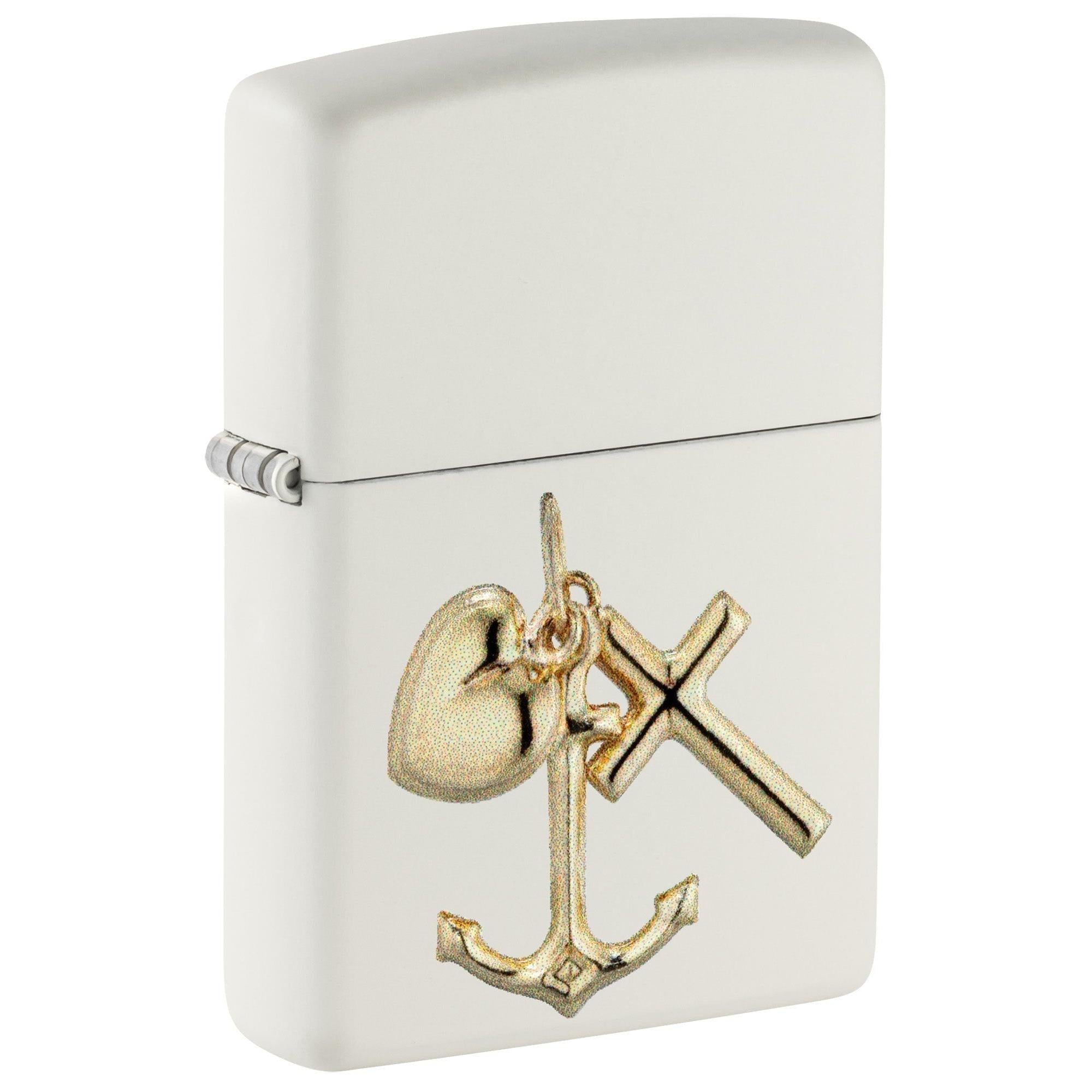 Cross Lighter Zippo Lighter: Raised Anchor, Cross, and Heart Emblem - White Matte 81 ...