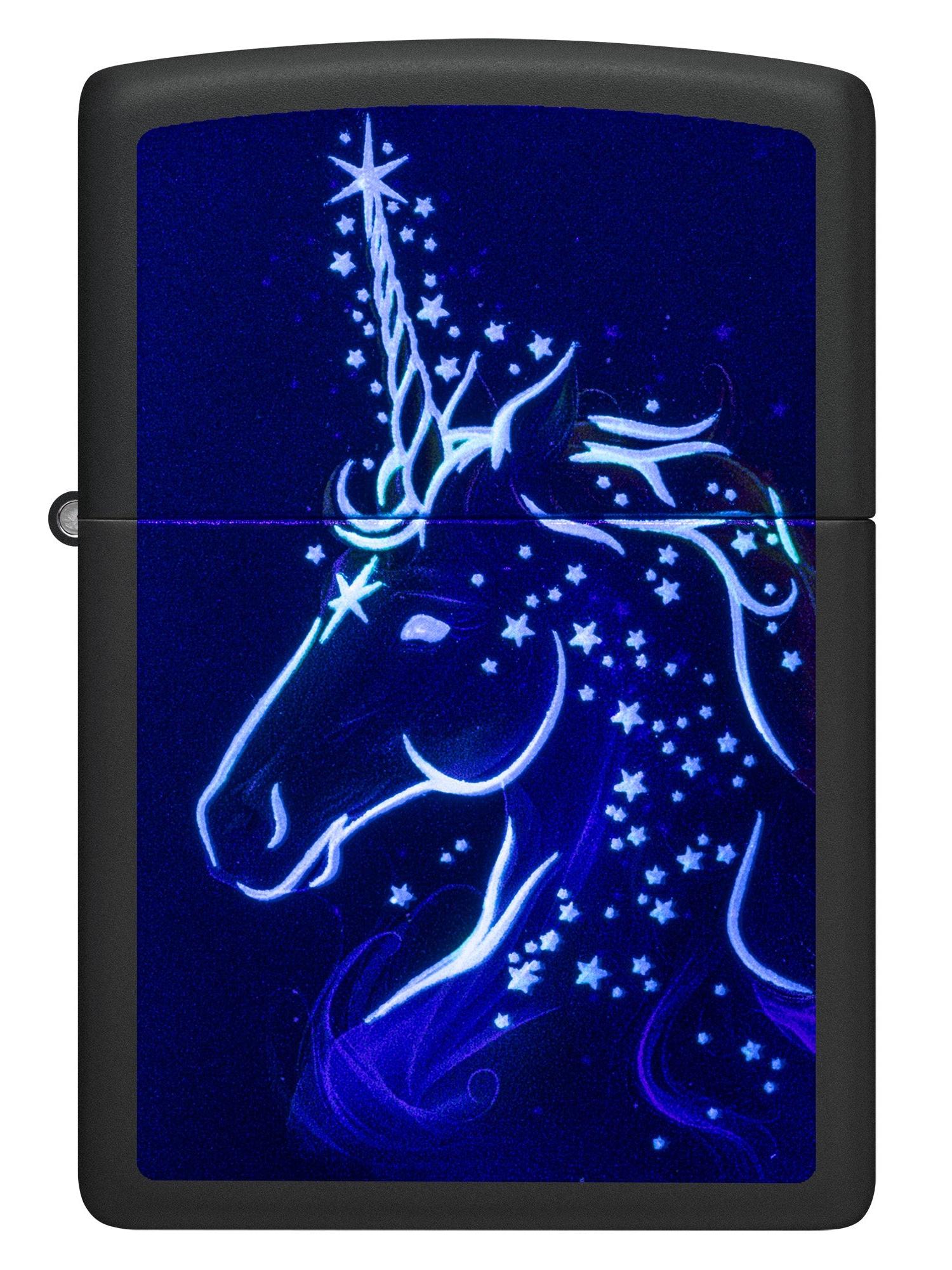 Zippo Lighter: Colorful Unicorn, Blacklight - Black Matte 81672
