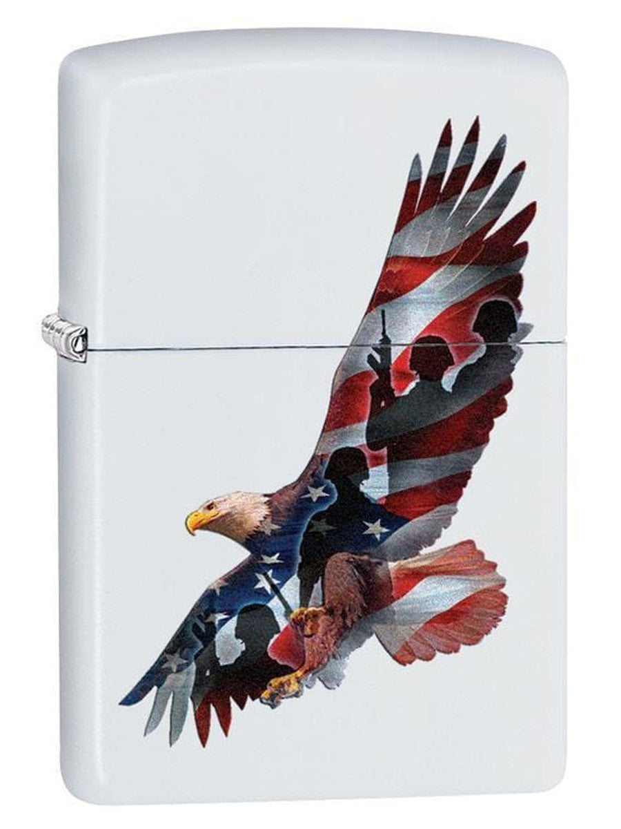 Zippo Lighter: Eagle with Soldiers and Flag - White Matte 29418 - Gear Exec (1975539105907)