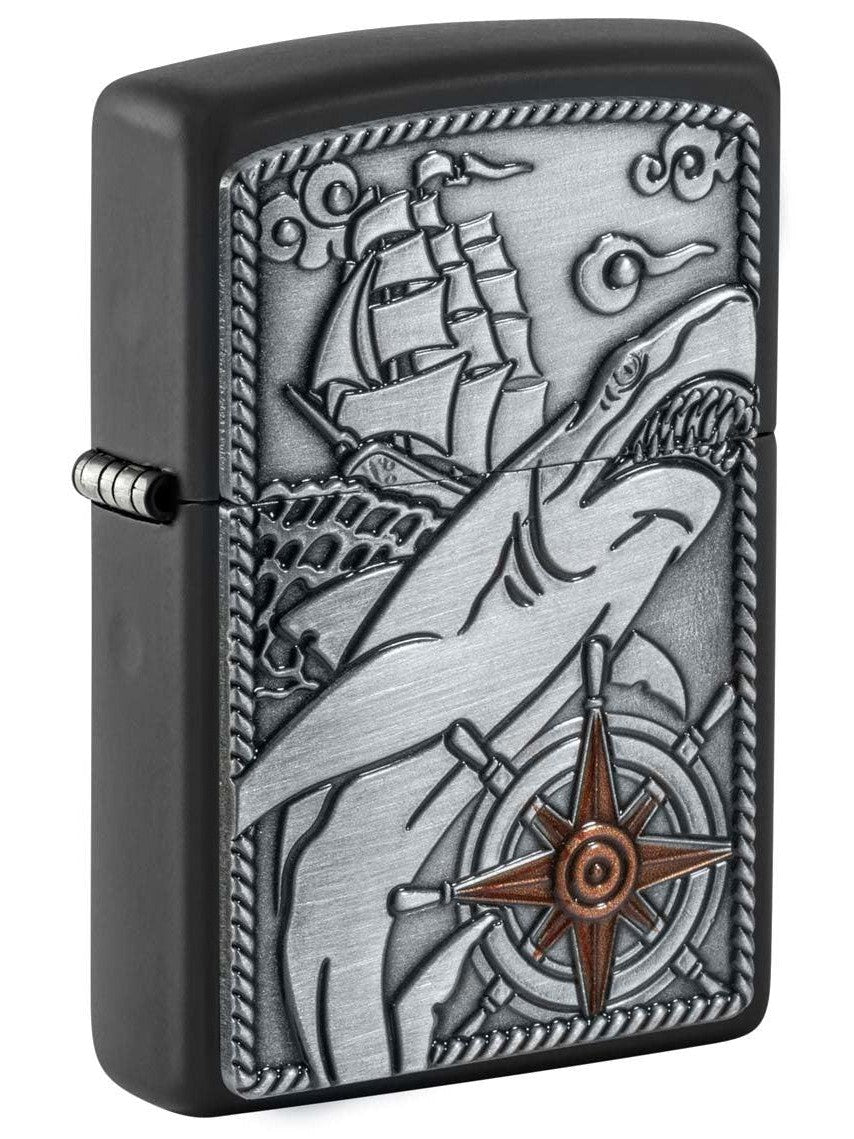 Zippo Lighter: Ship and Shark Emblem - Black Matte 48120
