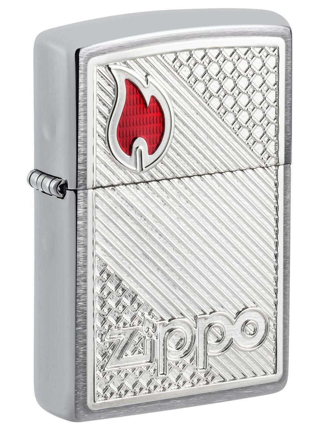 Zippo Lighter: Tiles Emblem with Flame - Brushed Chrome 48126