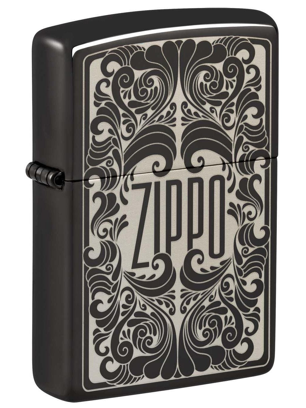 Zippo Lighter: Engraved Filigree Design - High Polish Black 48253