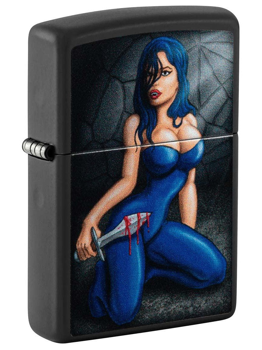 Zippo Lighter: Pinup Girl with Dagger - Black Matte 48388