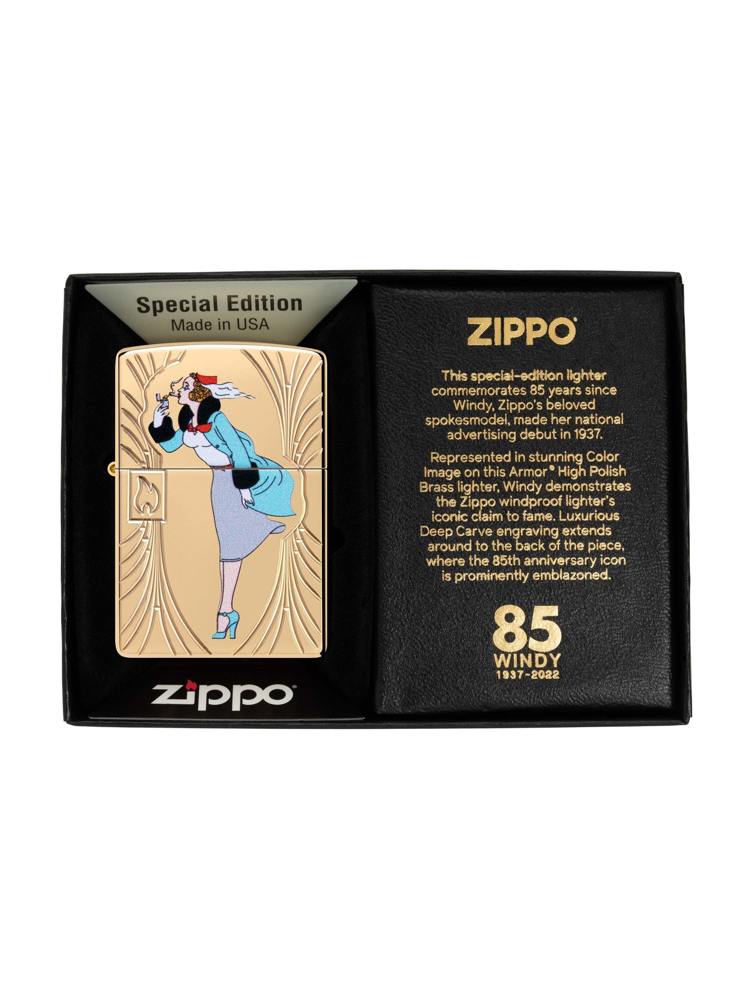 Zippo Lighter: Windy 85th Anniversary Collectible - High Polish Brass 48413