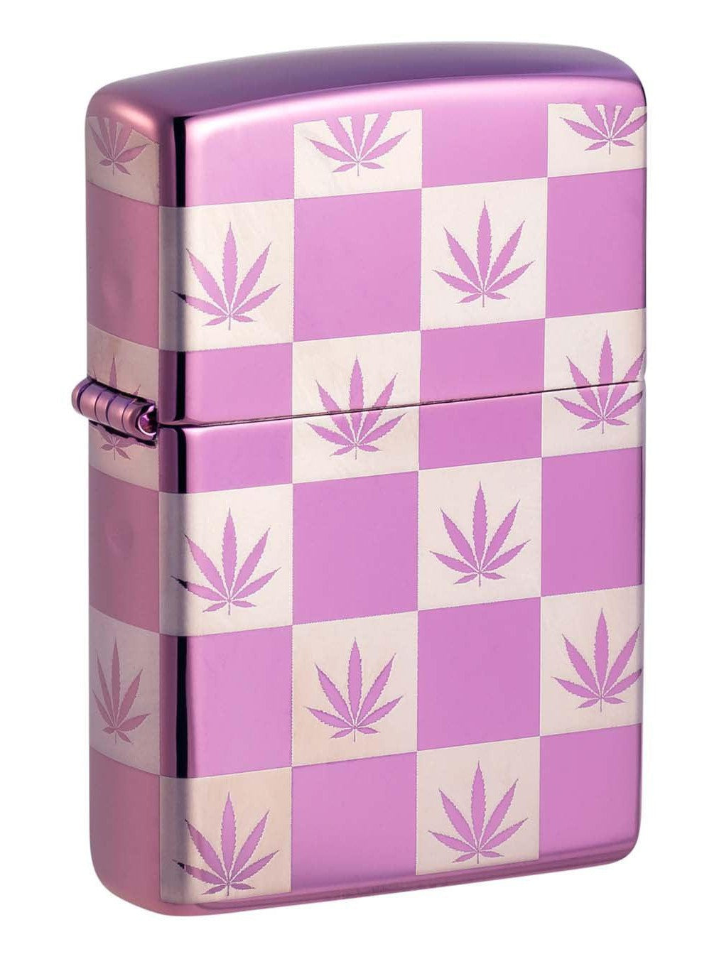 Zippo Lighter: Checkered Weed Leaves, 360 Laser Engraved - High Polish Purple 48546