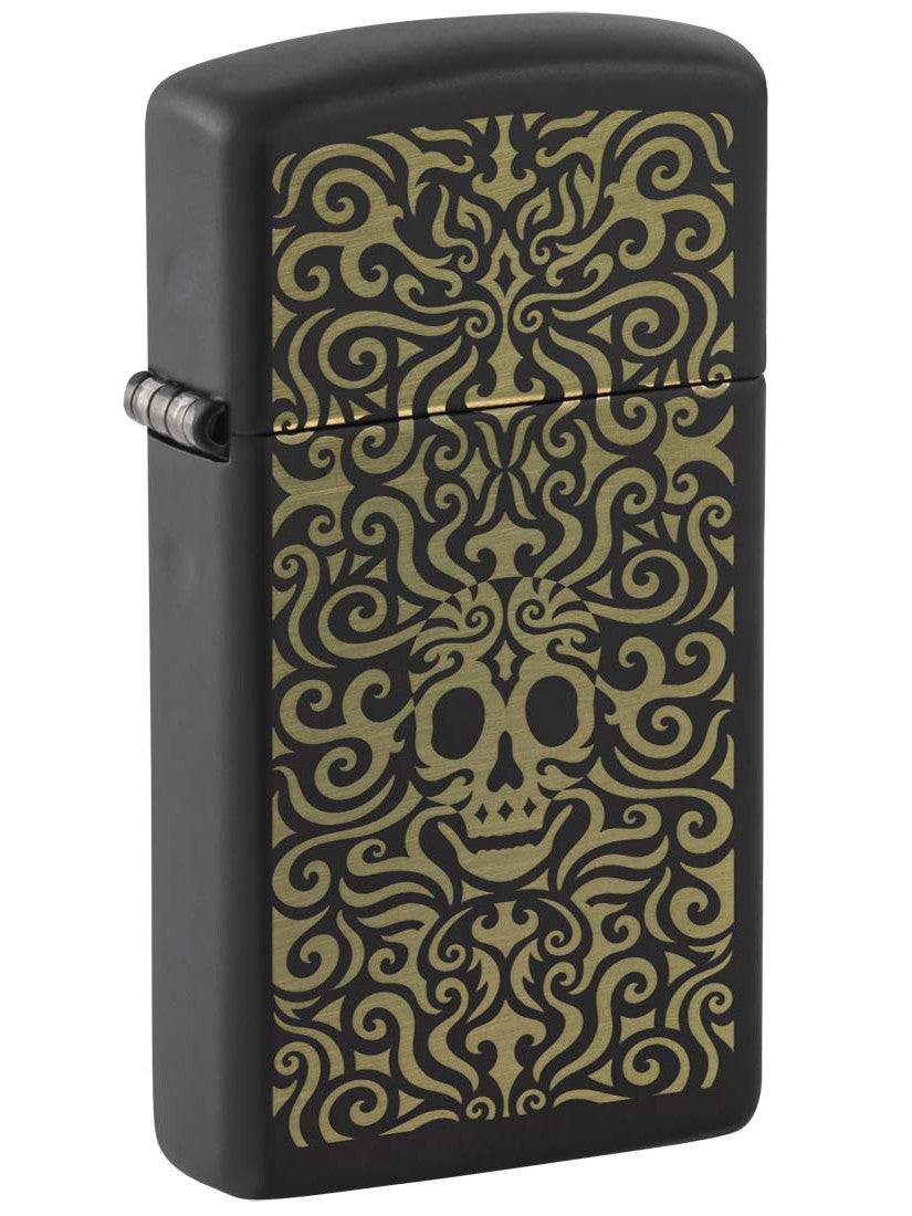 Zippo Lighter: Slim Skull Design, Engraved - Black Matte 48564