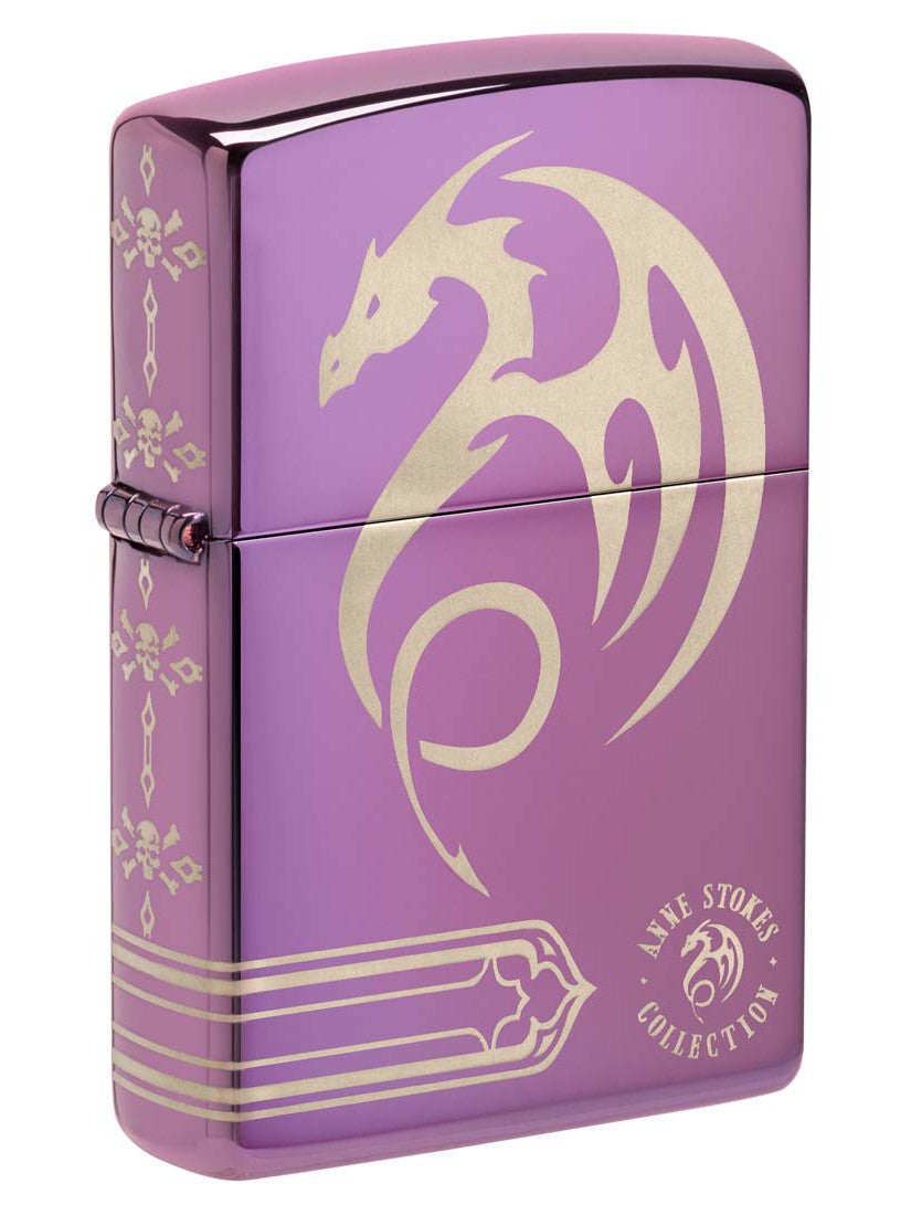 Zippo Lighter: Anne Stokes Dragon and Skulls, Laser 360 - High Polish Purple 48574