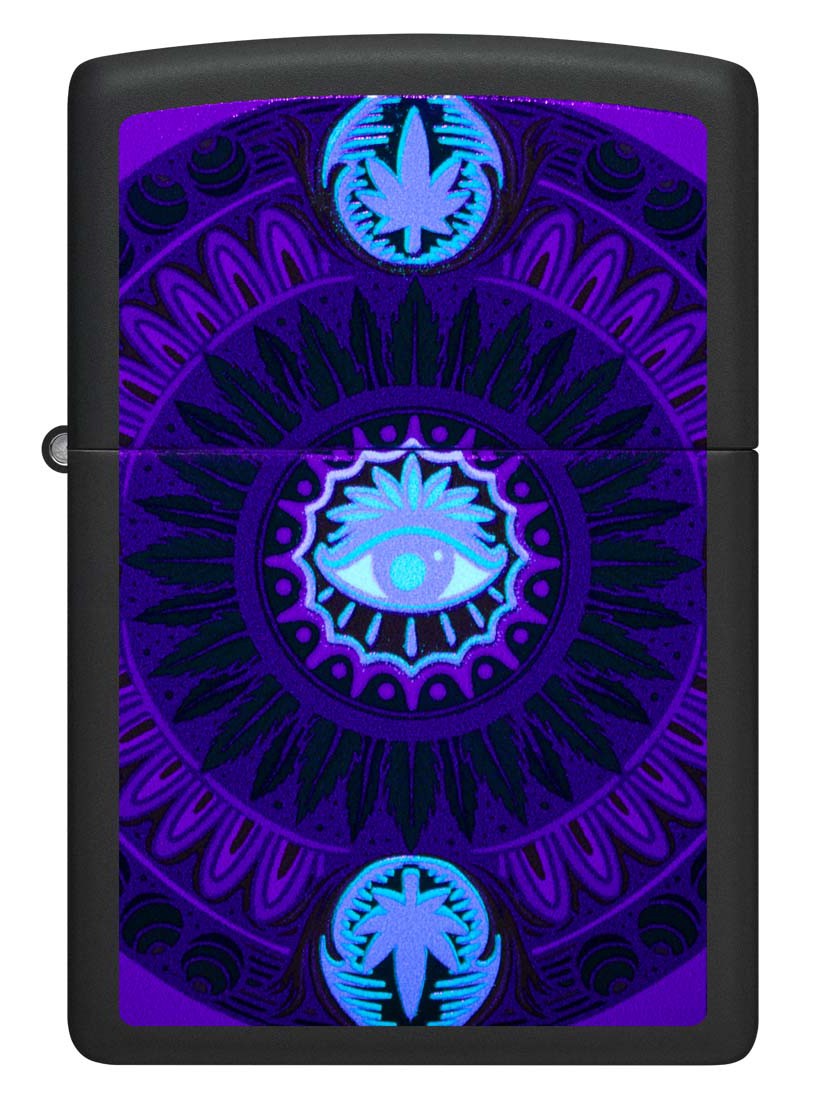 Zippo Lighter: Weed Leaf Design with Eye, Black Light - Black Matte 48583