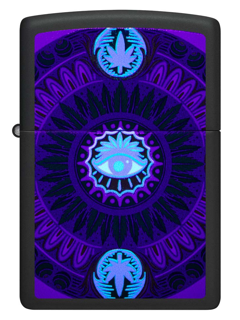 Zippo Lighter: Weed Leaf Design with Eye, Black Light - Black Matte 48583