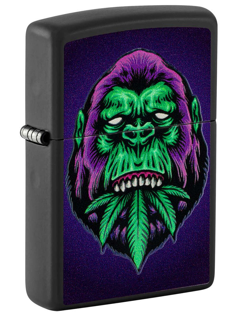 Zippo Lighter: Gorilla with Weed Leaf, Black Light - Black Matte 48585