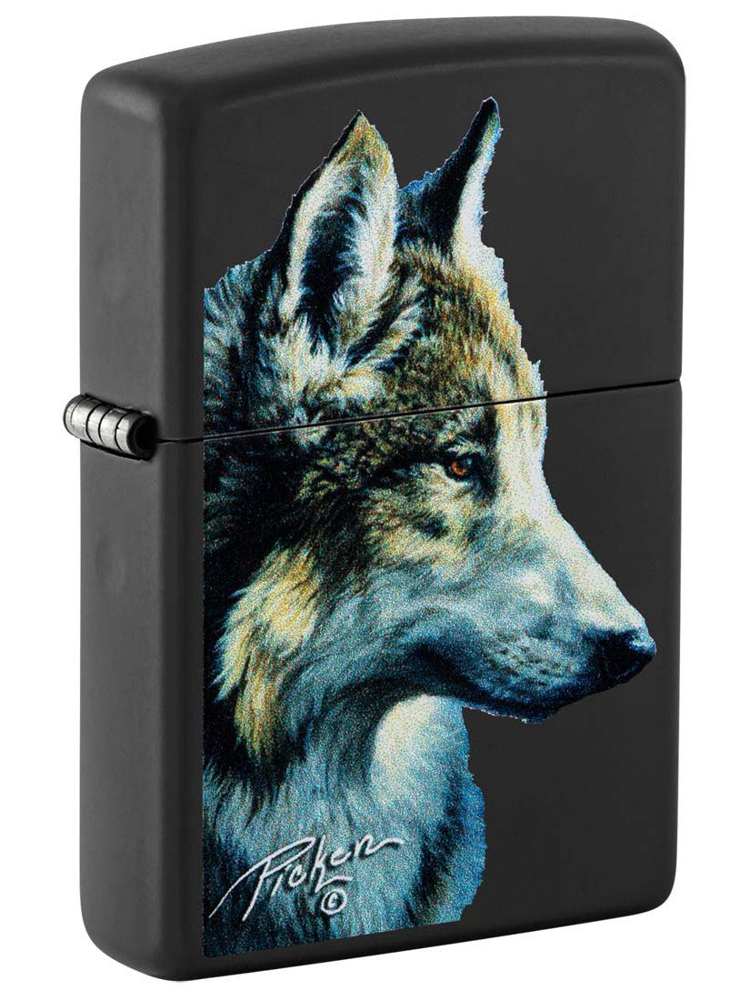 Zippo Lighter: Wolf Head by Linda Picken - Black Matte 48598