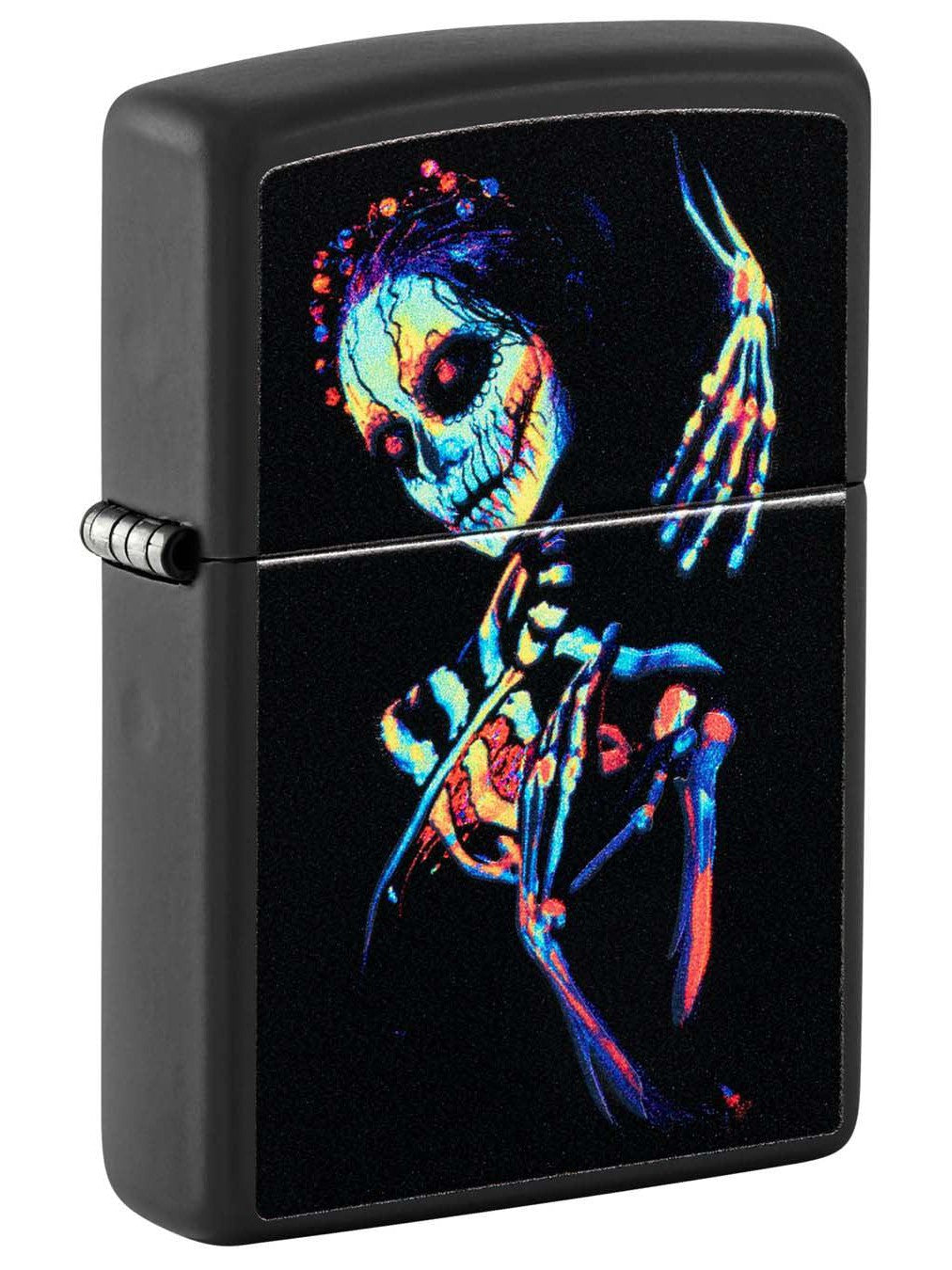Zippo Lighter: Colorful Skeleton, Black Light - Black Matte 48647