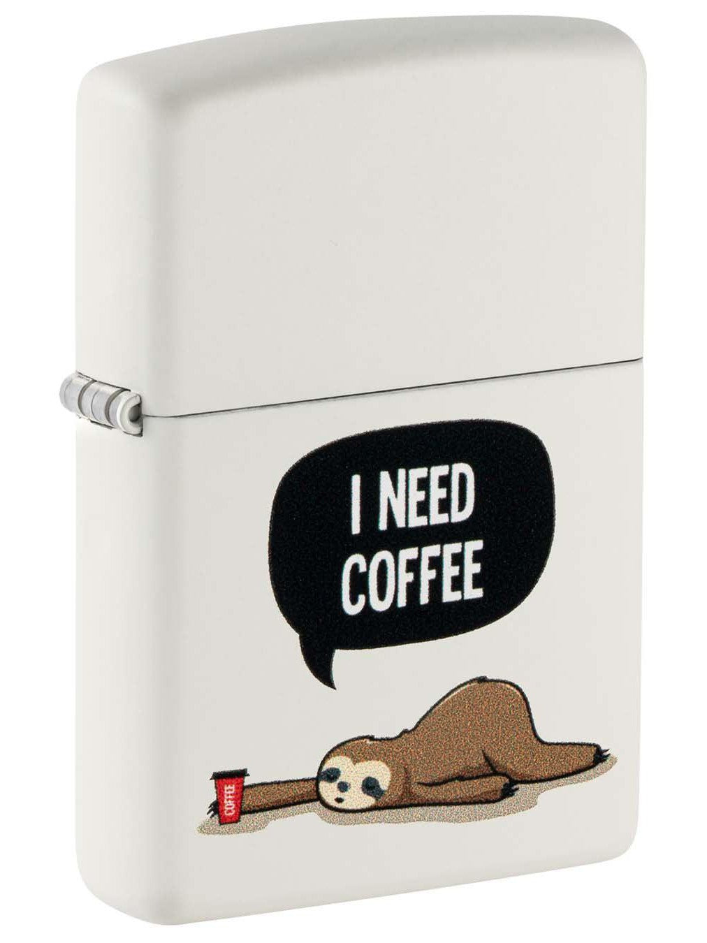 Zippo Lighter: I Need Coffee, Sloth - White Matte 48649