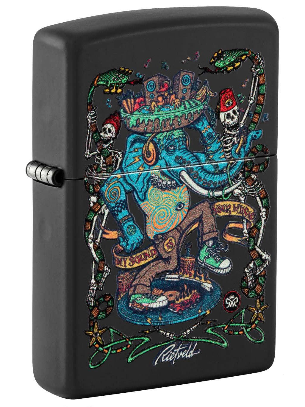 Zippo Lighter: Elephant Noise by Rick Rietveld, Black Light - Black Matte 48673