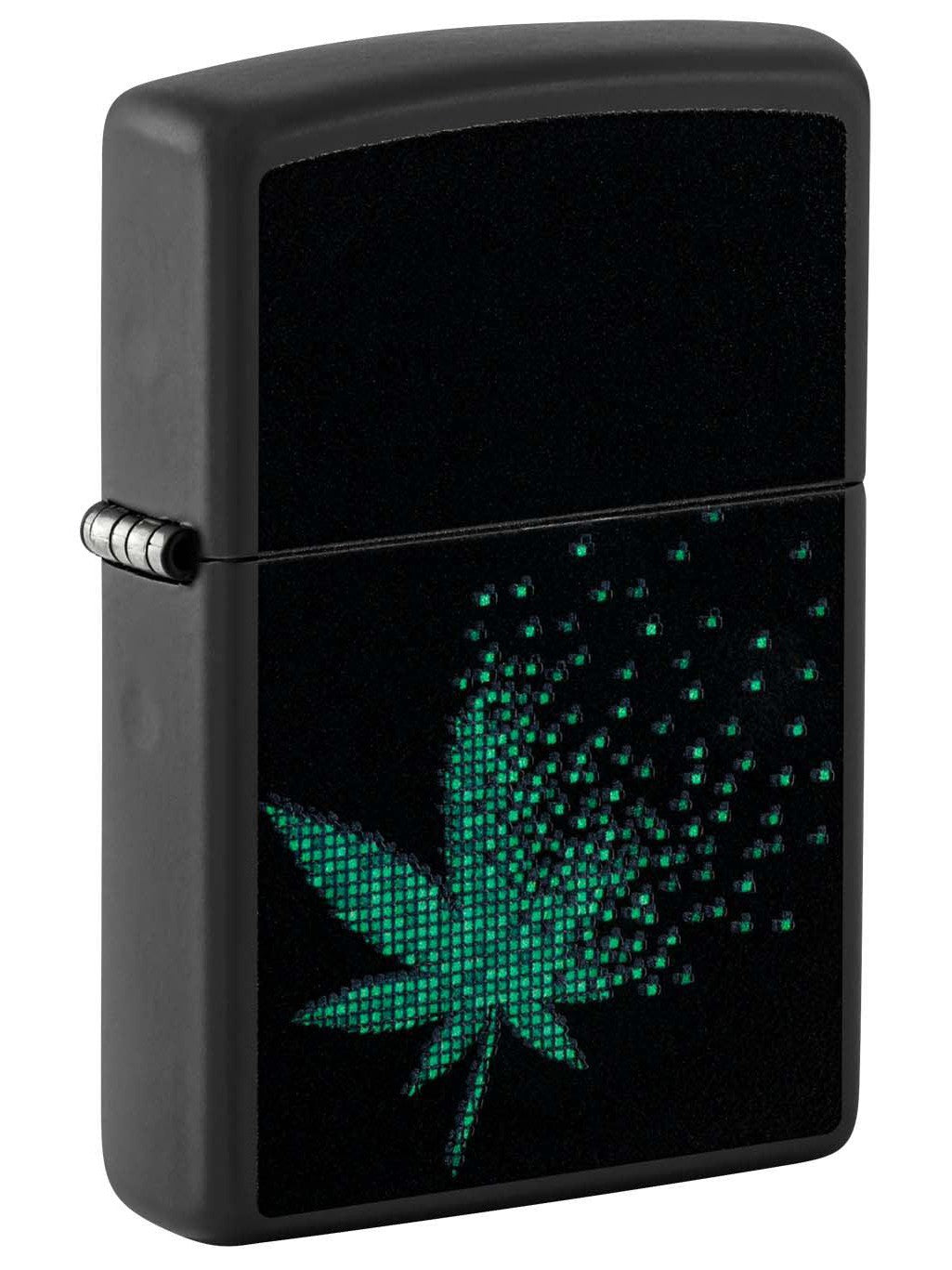 Zippo Lighter: Pixel Weed Leaf, Black Light - Black Matte 48677