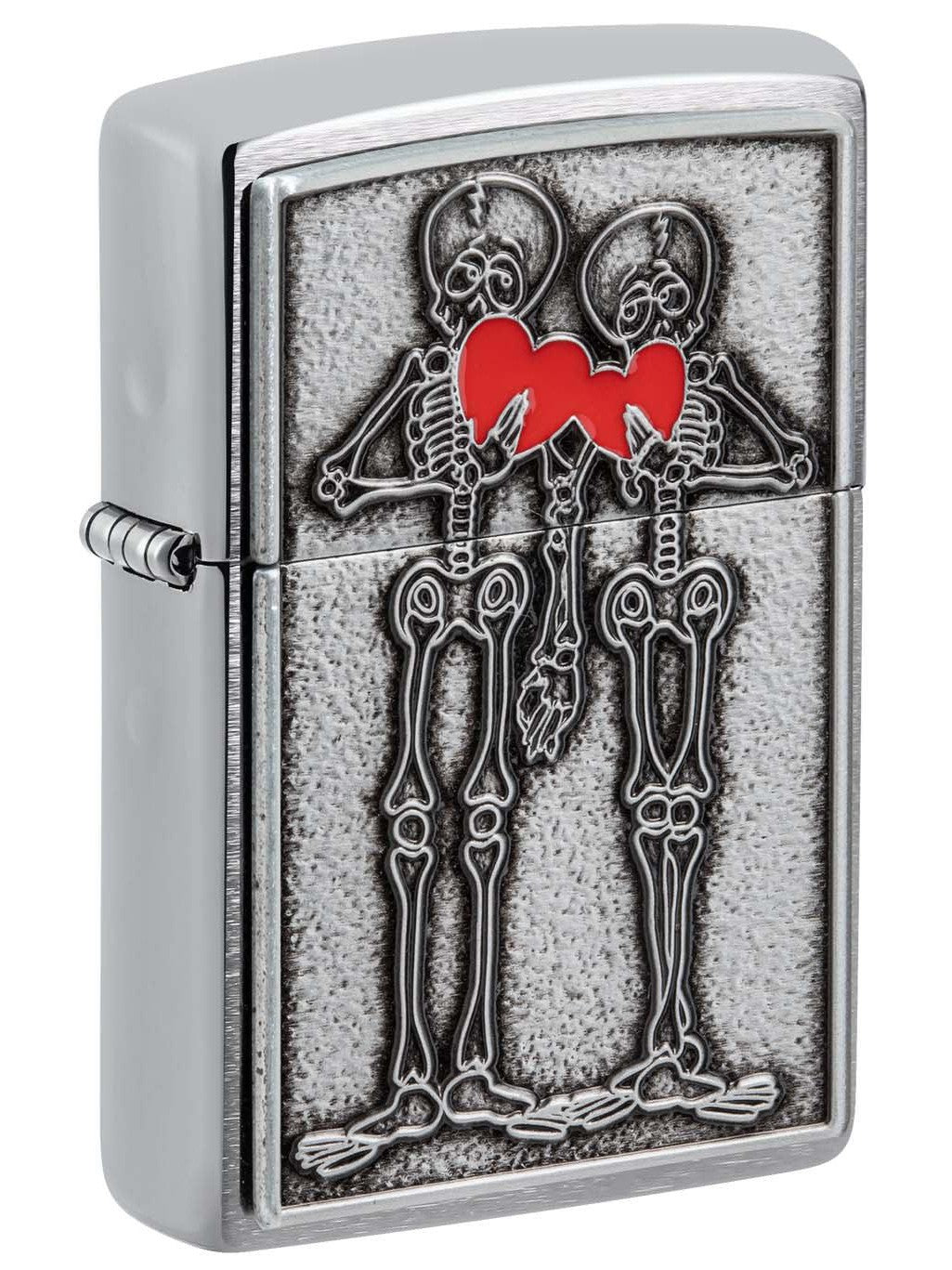 Zippo Lighter: Skeleton Couple Emblem - Brushed Chrome 48688