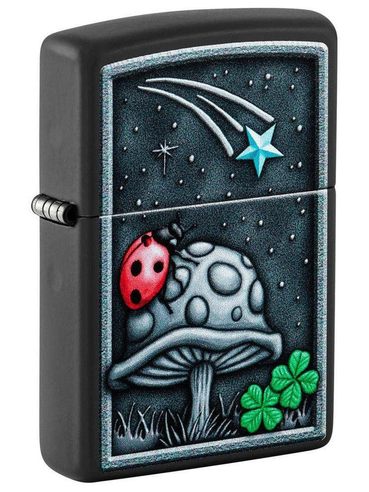 Zippo Lighter: Mushroom with Ladybug - Black Matte 48724