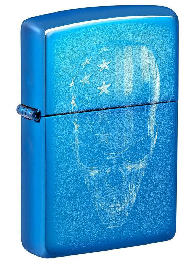Zippo Lighter: American Flag Skull, Photo Image - High Polish Blue 48739
