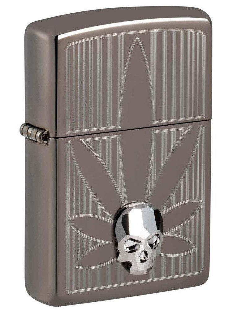 Zippo Lighter: Engraved Weed Leaf with Crystal Skull - Black Ice 48773
