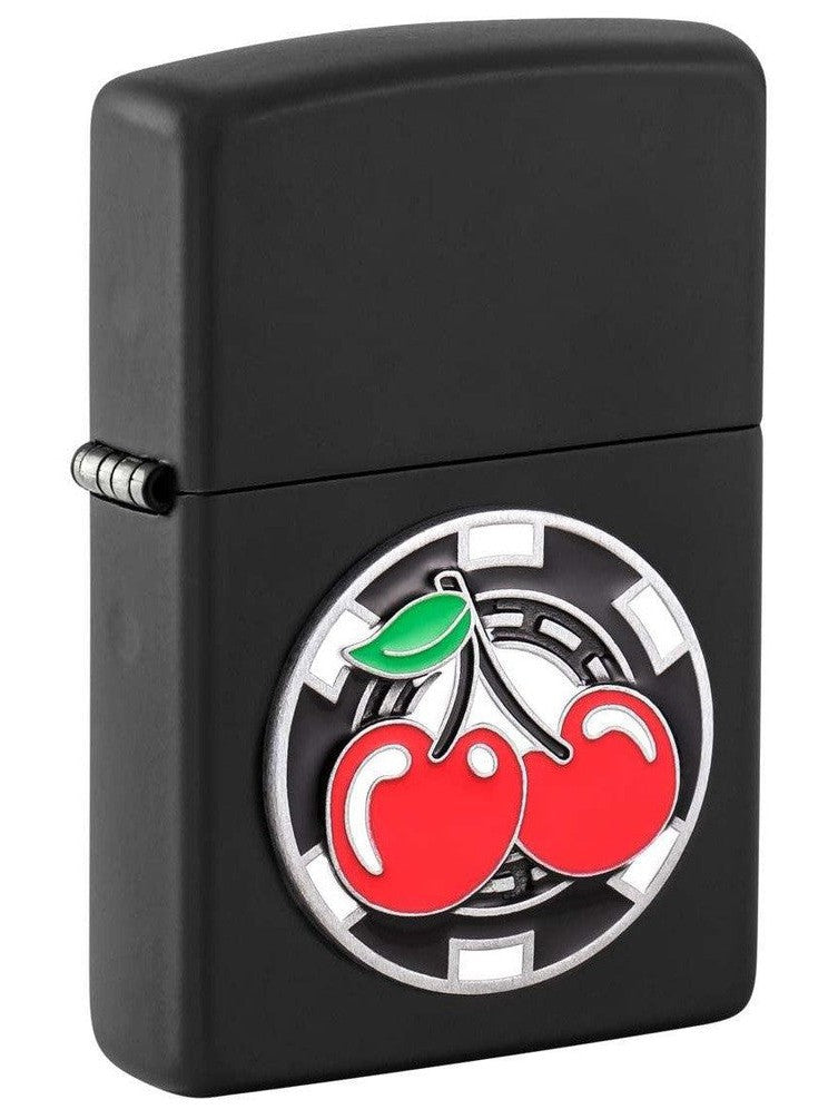 Zippo Lighter: Poker Chip with Cherries Emblem - Black Matte 48905