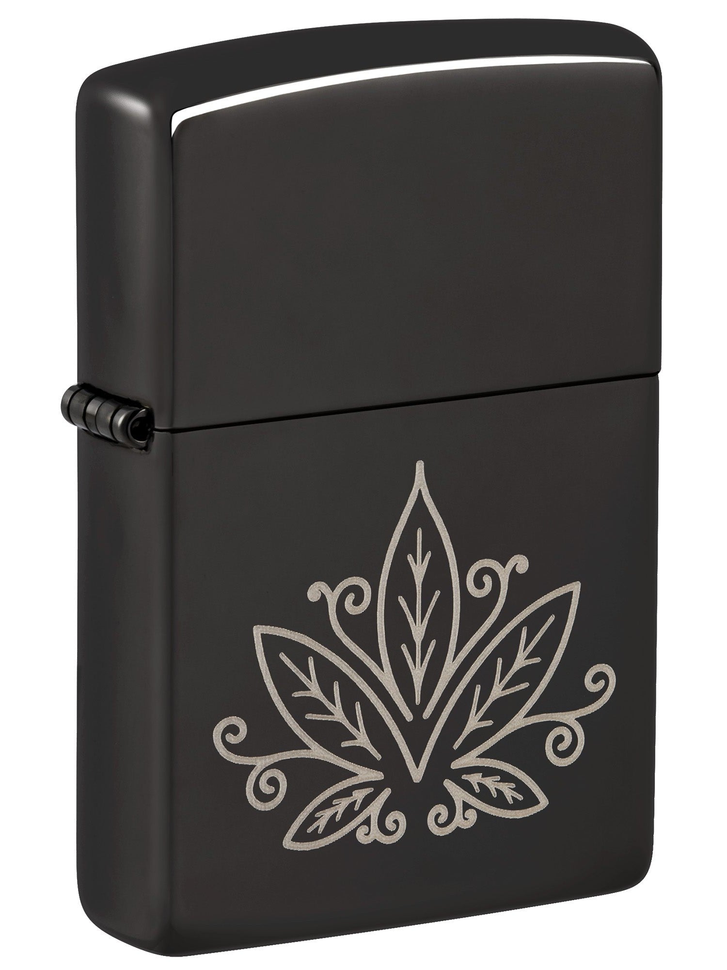 Zippo Lighter: Weed Leaf Design, Engraved - High Polish Black 48926