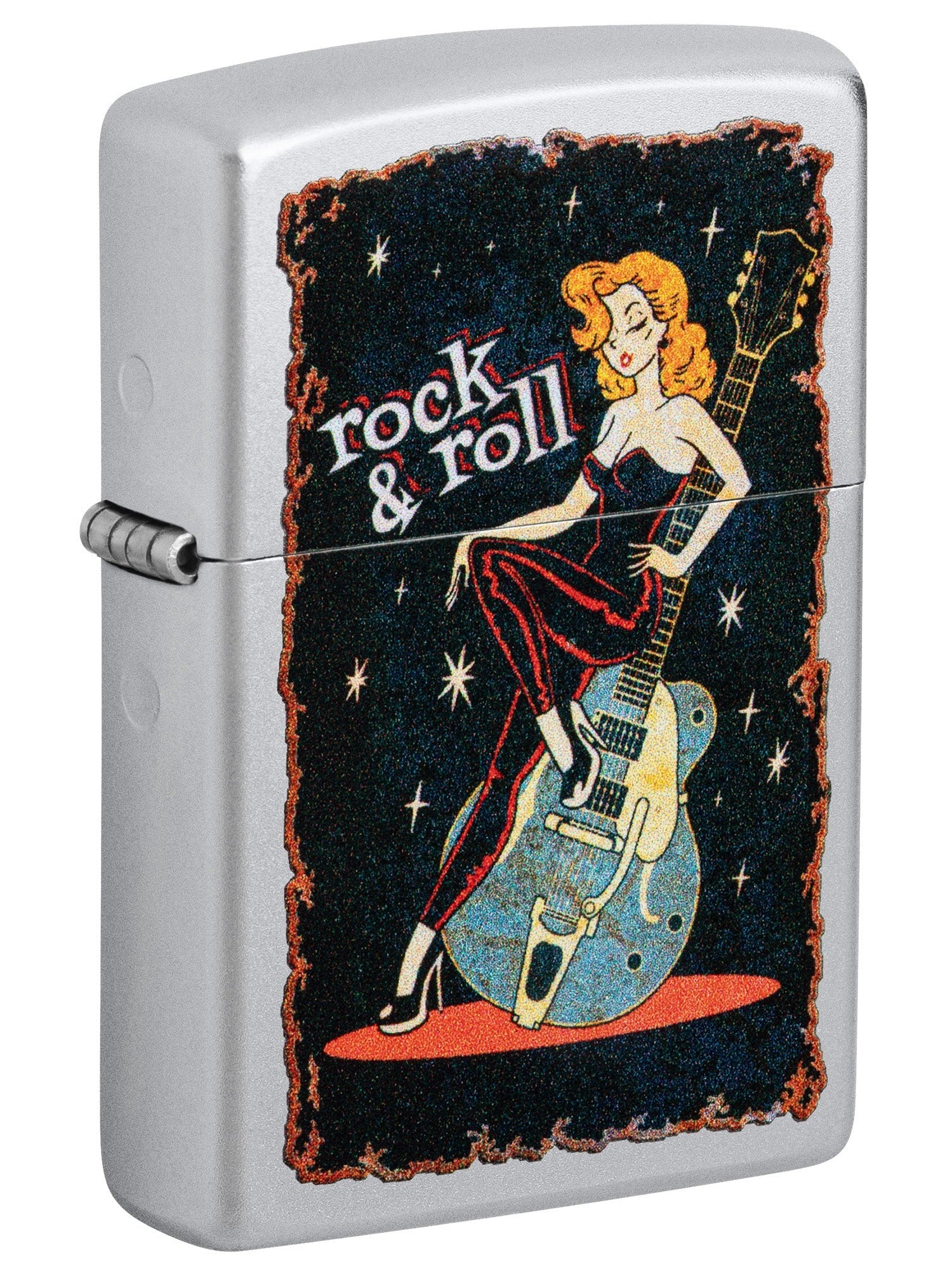 Zippo Lighter: Rock and Roll Girl with Guitar - Satin Chrome 48930