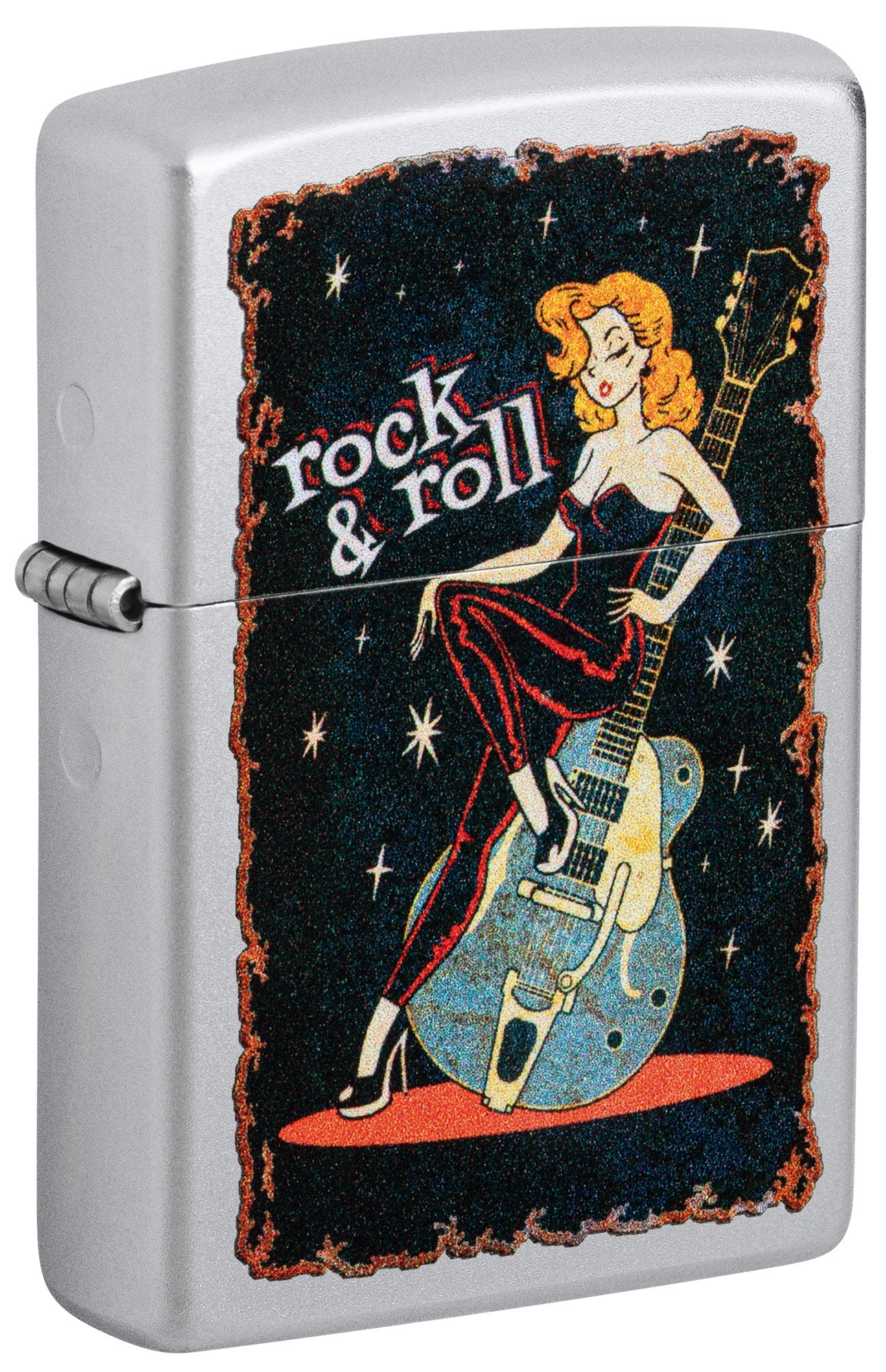 Zippo Lighter: Rock and Roll Girl with Guitar - Satin Chrome 48930