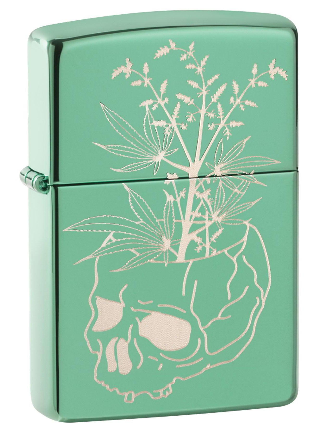 Zippo Lighter: Engraved Skull and Weed Leaves - High Polish Green 49142 (4555556487261)