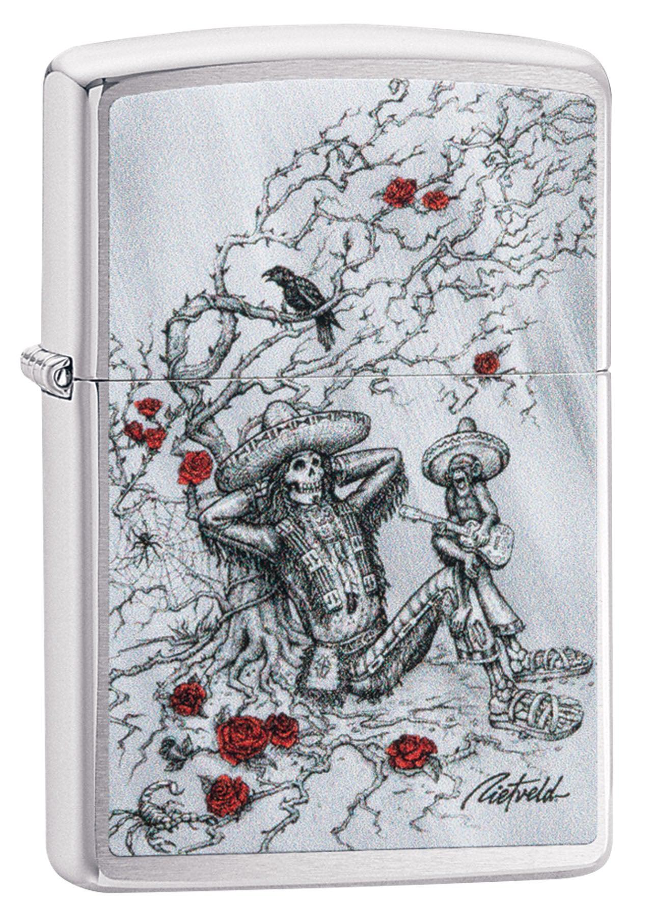Zippo Lighter: Skeleton with Sombrero by Rick Rietveld - Brushed Chrome 49144 (4555556552797)